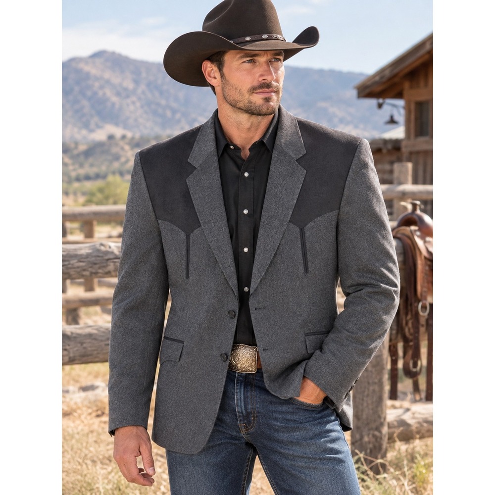 Circle S Mens Grey Western Blazer Suede Yoke Sport Coat 48R Made in USA